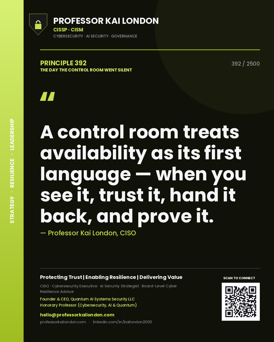 Quote card by Professor Kai London reading 'A control room treats availability as its first language — when you see it, trust it, hand it back, and prove it.'. From the book The Day the Control Room Went Silent.