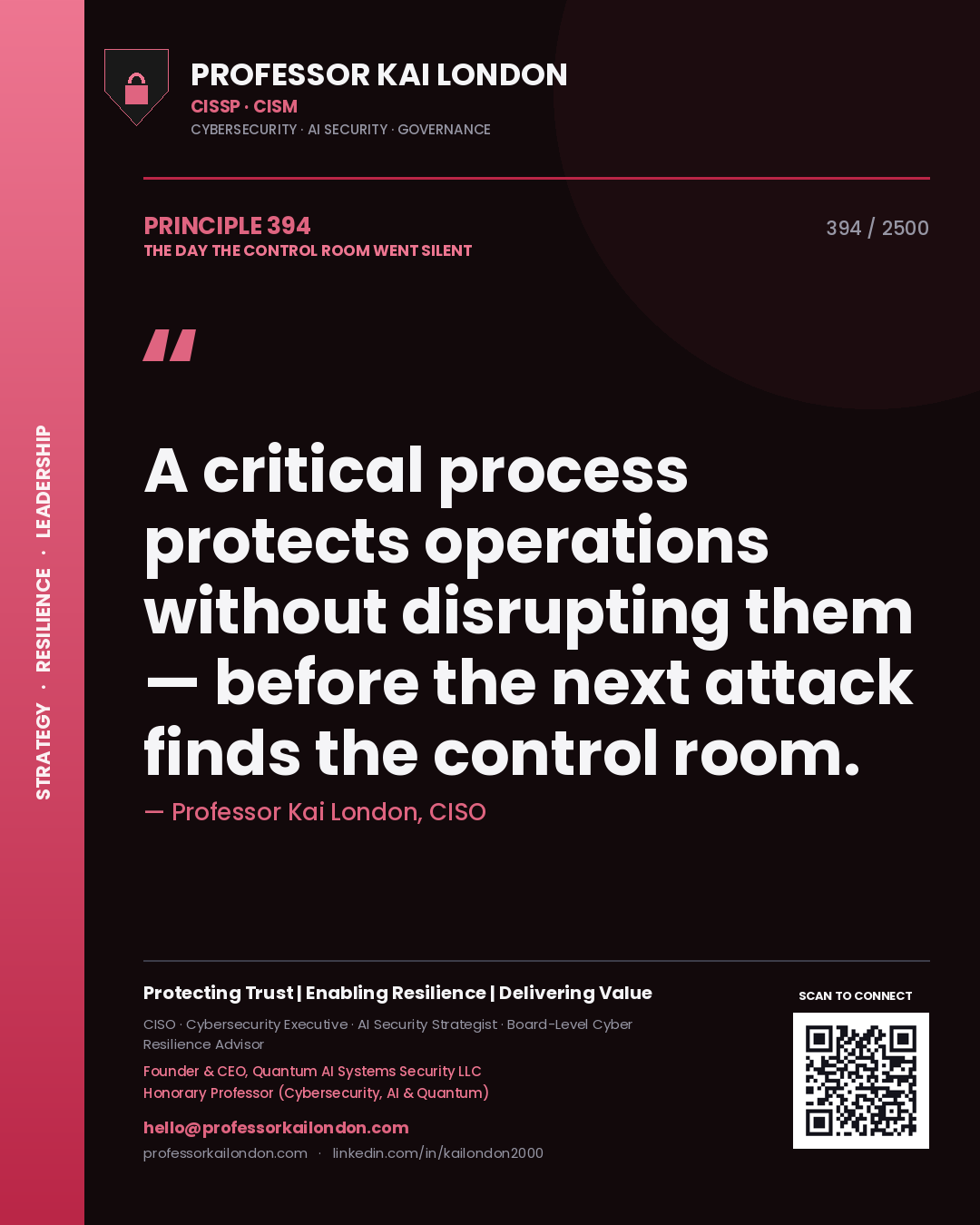 Professor Kai London principle 394: A critical process protects operations without disrupting them — before the next attack finds the control room.