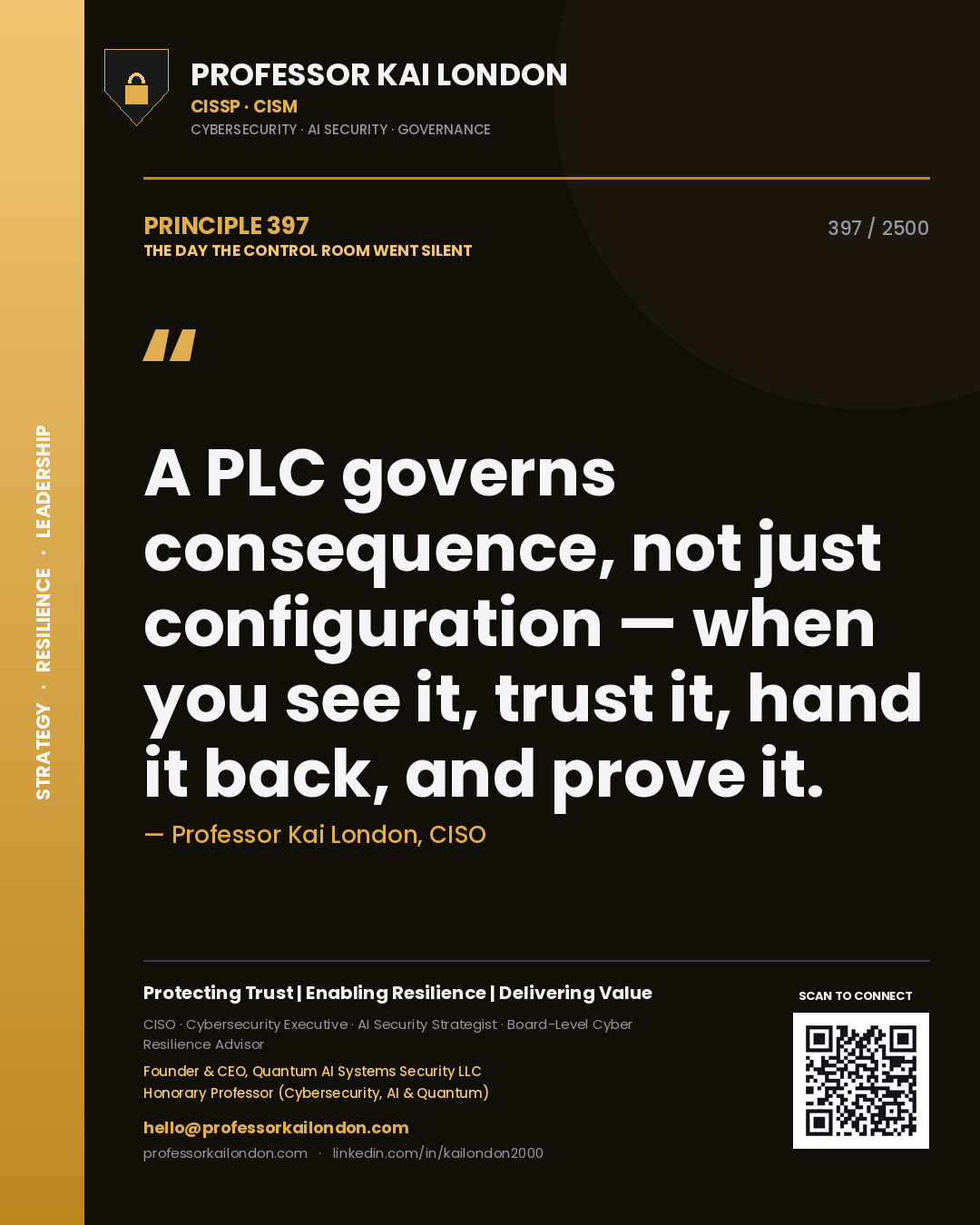 Quote card by Professor Kai London reading 'A PLC governs consequence, not just configuration — when you see it, trust it, hand it back, and prove it.'. From the book The Day the Control Room Went Silent.