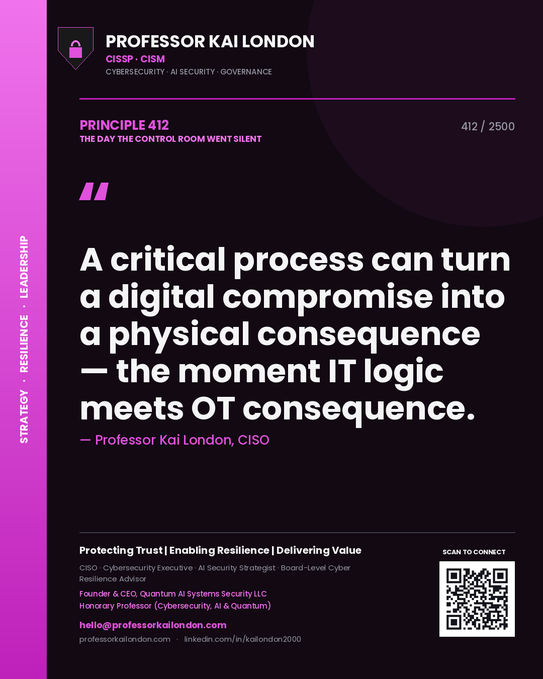 Quote card by Professor Kai London reading 'A critical process can turn a digital compromise into a physical consequence — the moment IT logic meets OT consequence.'. From the book The Day the Control Room Went Silent.