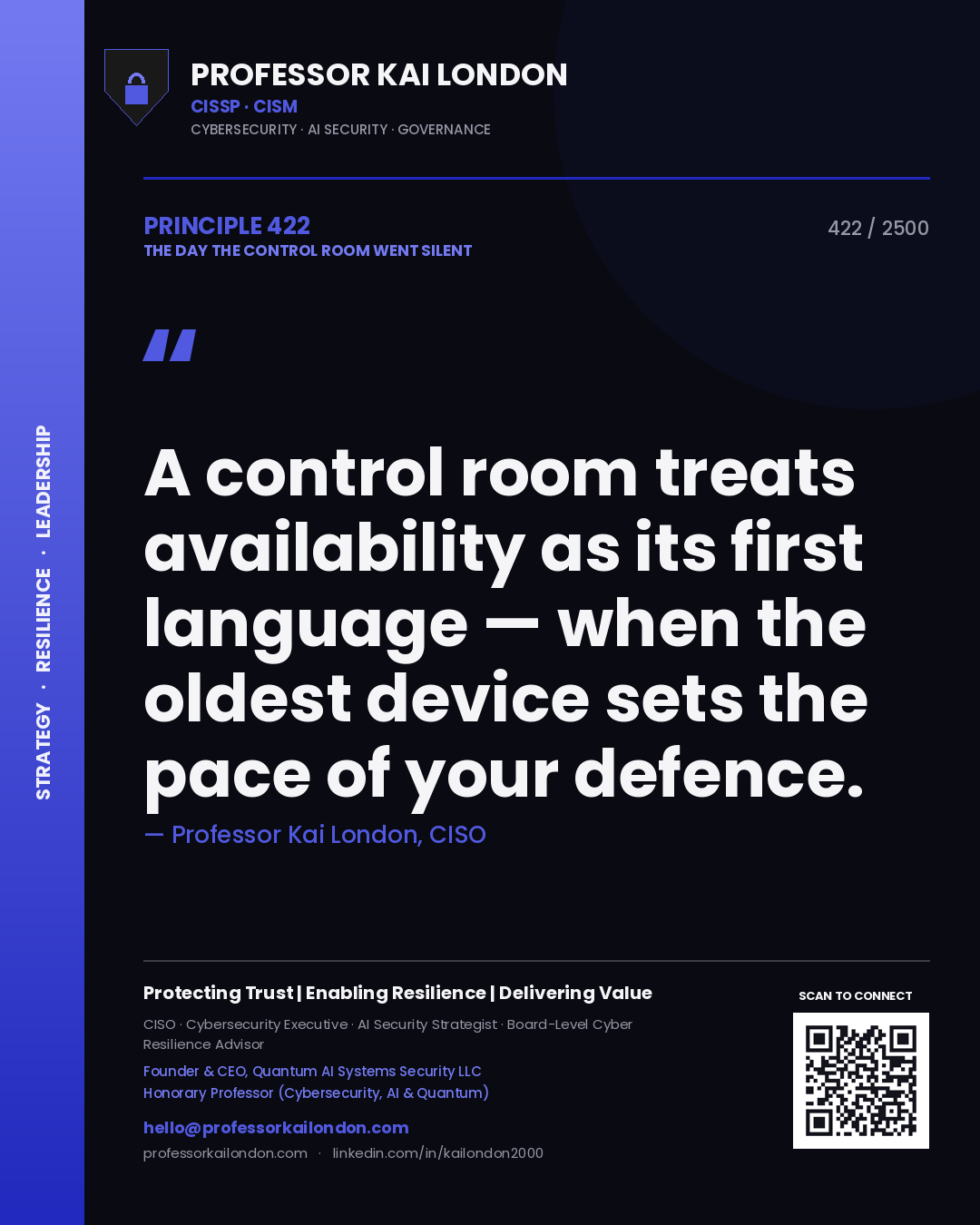 Quote card by Professor Kai London reading 'A control room treats availability as its first language — when the oldest device sets the pace of your defence.'. From the book The Day the Control Room Went Silent.