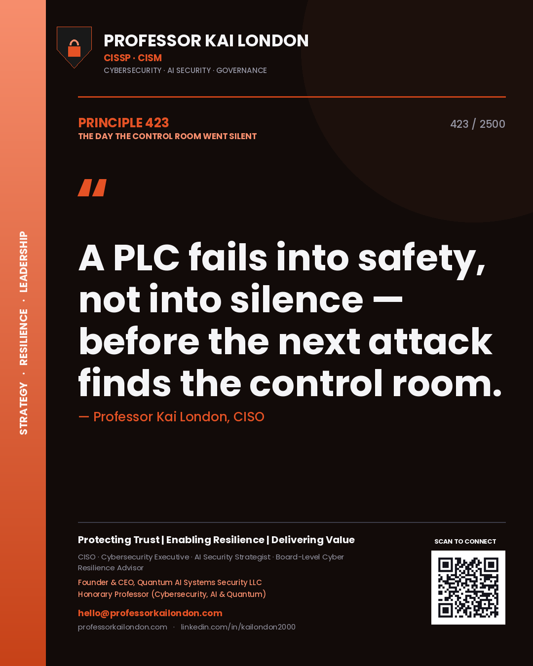 Quote card by Professor Kai London reading 'A PLC fails into safety, not into silence — before the next attack finds the control room.'. From the book The Day the Control Room Went Silent.