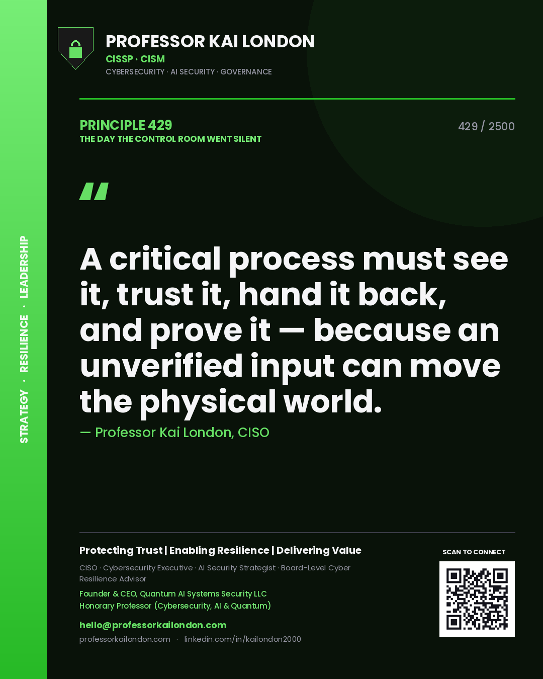 Quote card by Professor Kai London reading 'A critical process must see it, trust it, hand it back, and prove it — because an unverified input can move the physical world.'. From the book The Day the Control Room Went Silent.