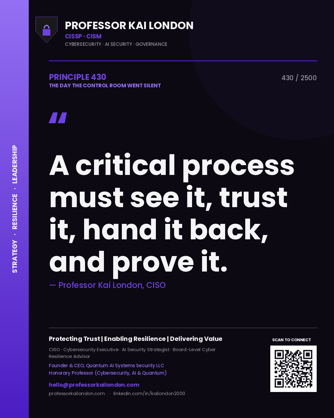Quote card by Professor Kai London reading 'A critical process must see it, trust it, hand it back, and prove it.'. From the book The Day the Control Room Went Silent.