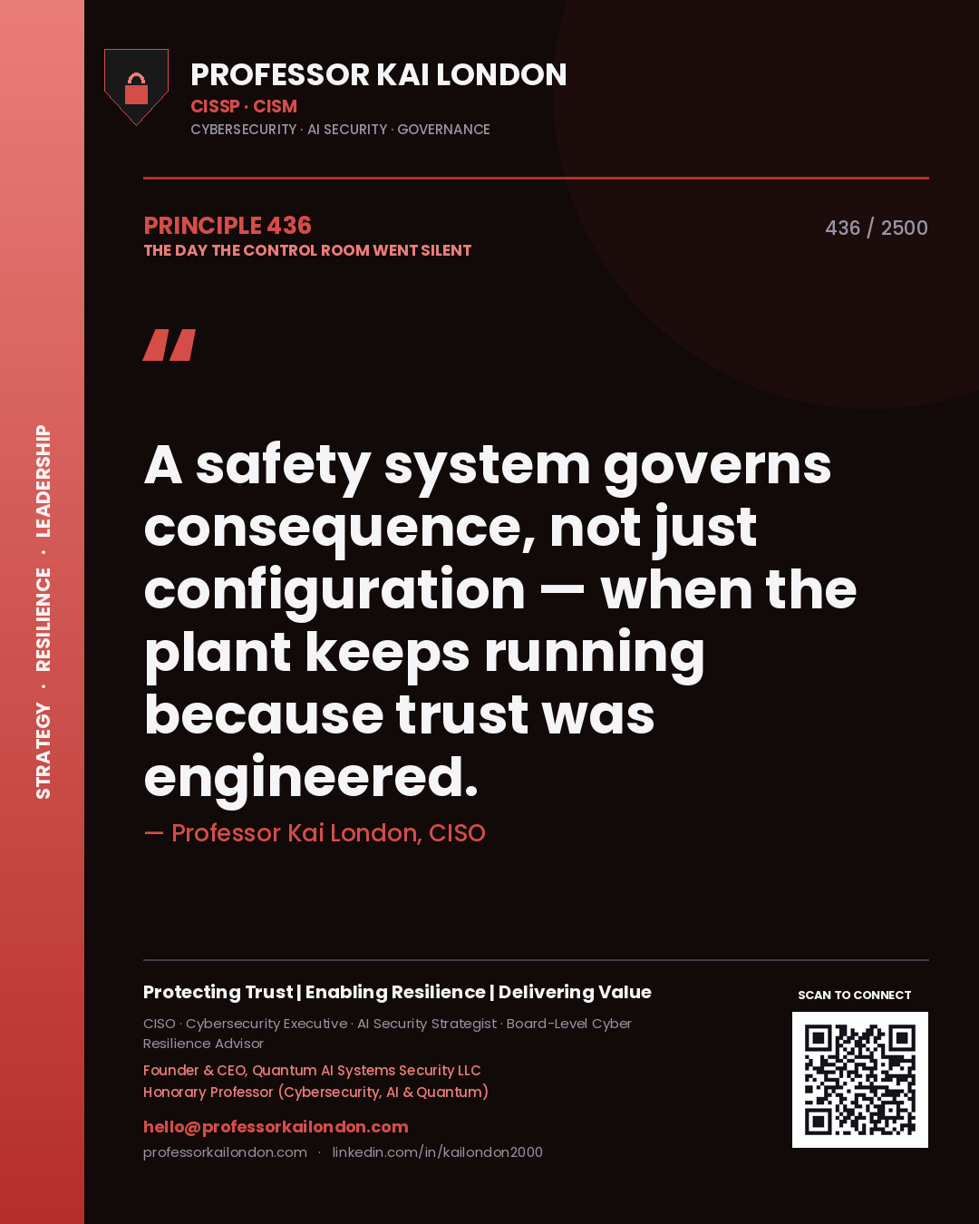 Quote card by Professor Kai London reading 'A safety system governs consequence, not just configuration — when the plant keeps running because trust was engineered.'. From the book The Day the Control Room Went Silent.