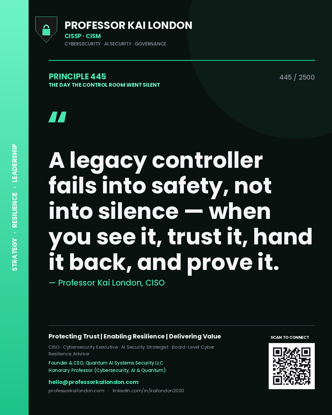 Quote card by Professor Kai London reading 'A legacy controller fails into safety, not into silence — when you see it, trust it, hand it back, and prove it.'. From the book The Day the Control Room Went Silent.