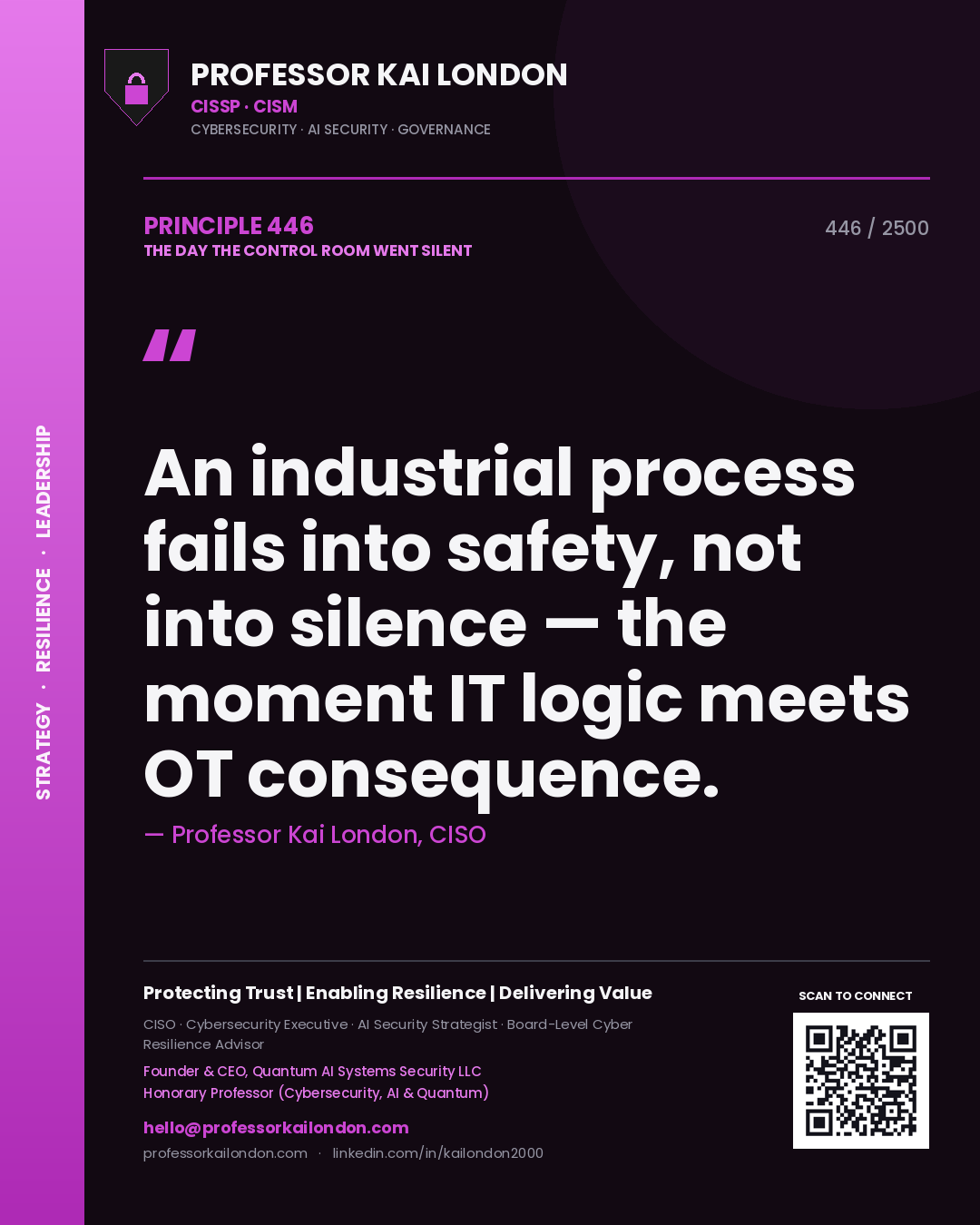 Quote card by Professor Kai London reading 'An industrial process fails into safety, not into silence — the moment IT logic meets OT consequence.'. From the book The Day the Control Room Went Silent.