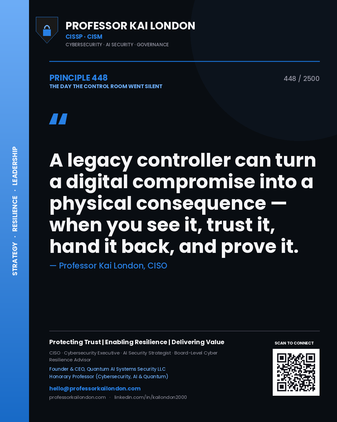Quote card by Professor Kai London reading 'A legacy controller can turn a digital compromise into a physical consequence — when you see it, trust it, hand it back, and prove it.'. From the book The Day the Control Room Went Silent.