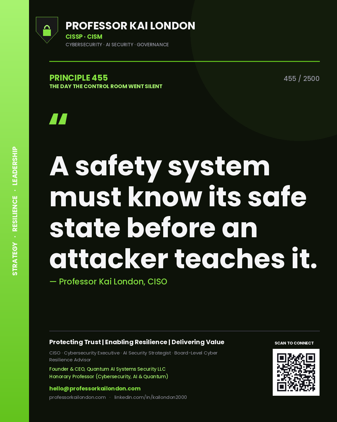 Quote card by Professor Kai London reading 'A safety system must know its safe state before an attacker teaches it.'. From the book The Day the Control Room Went Silent.