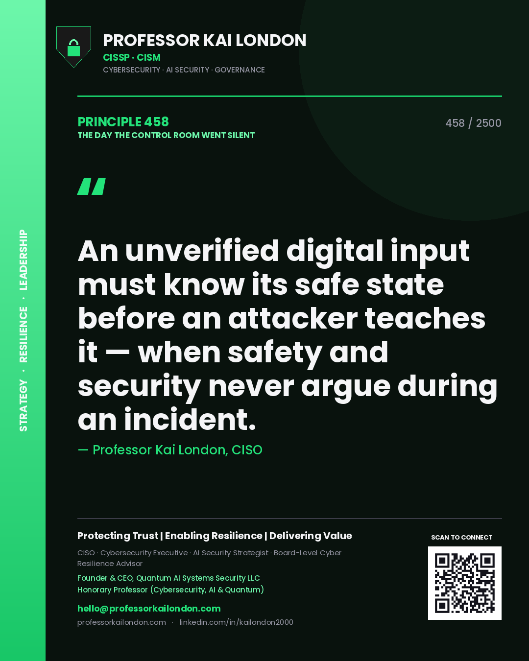 Quote card by Professor Kai London reading 'An unverified digital input must know its safe state before an attacker teaches it — when safety and security never argue during an incident.'. From the book The Day the Control Room Went Silent.