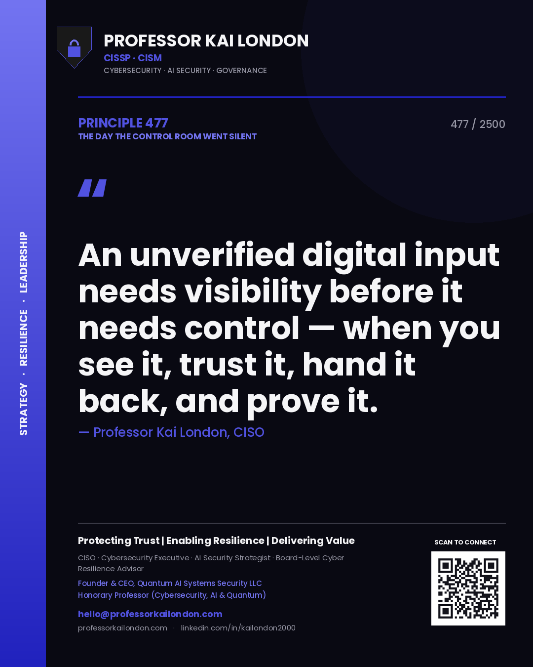 Quote card by Professor Kai London reading 'An unverified digital input needs visibility before it needs control — when you see it, trust it, hand it back, and prove it.'. From the book The Day the Control Room Went Silent.