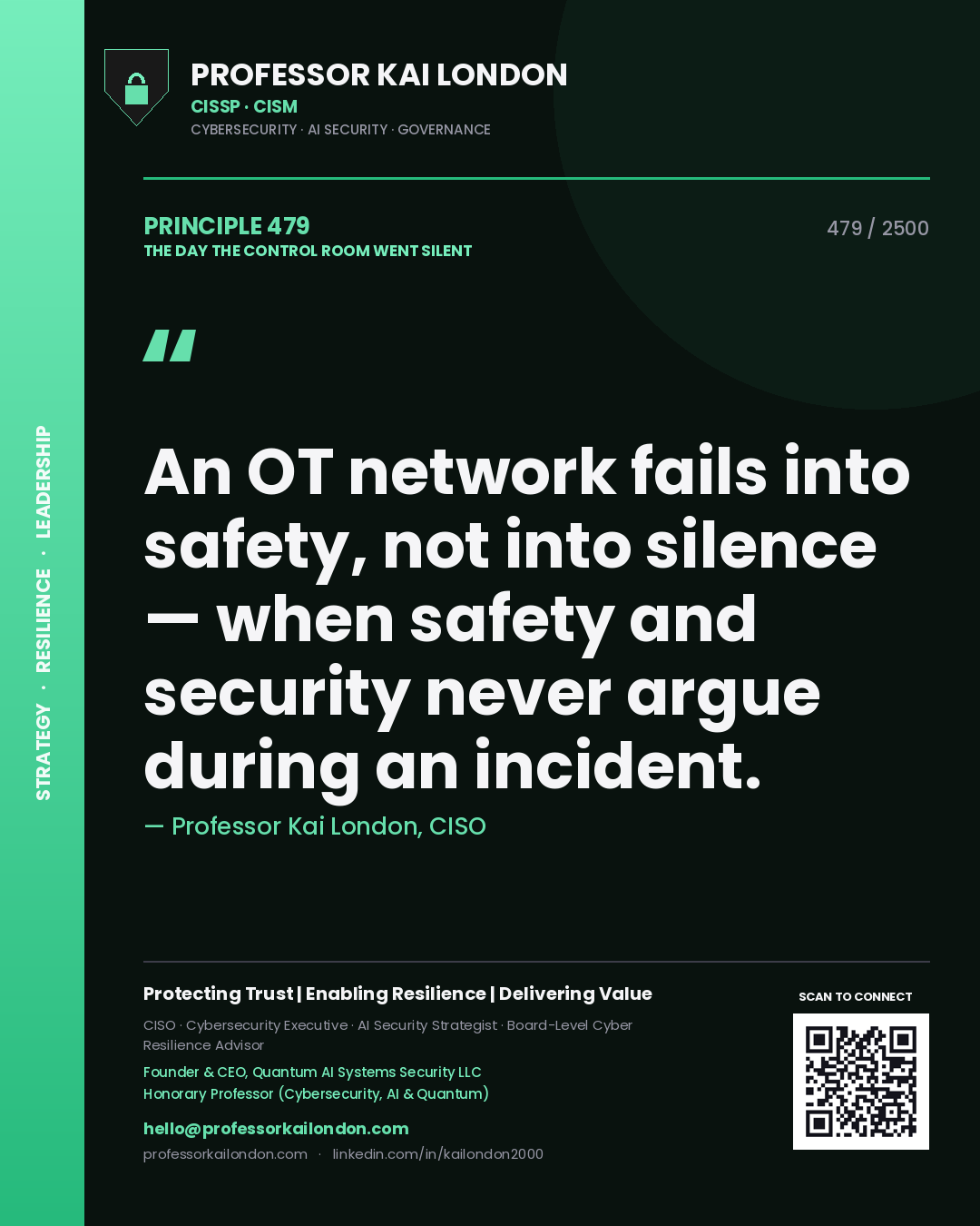 Quote card by Professor Kai London reading 'An OT network fails into safety, not into silence — when safety and security never argue during an incident.'. From the book The Day the Control Room Went Silent.