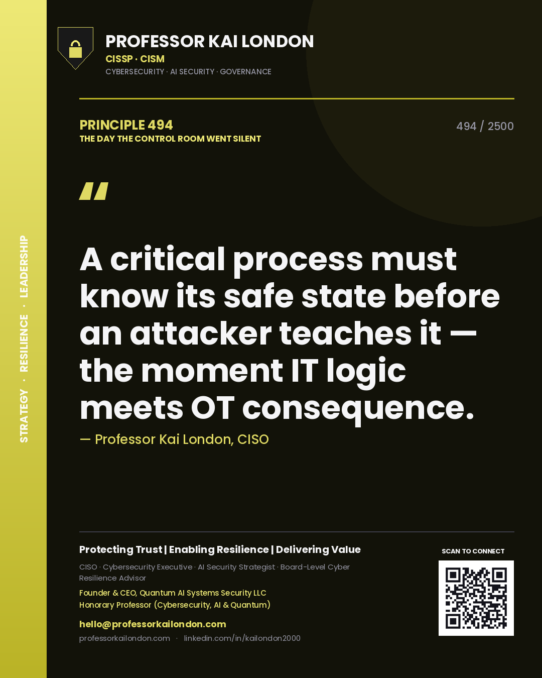 Quote card by Professor Kai London reading 'A critical process must know its safe state before an attacker teaches it — the moment IT logic meets OT consequence.'. From the book The Day the Control Room Went Silent.