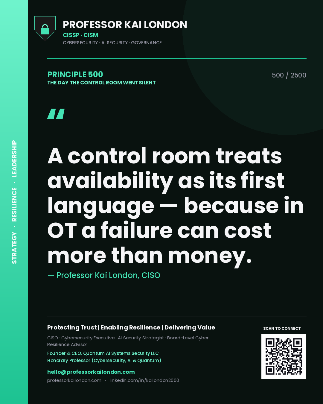 Quote card by Professor Kai London reading 'A control room treats availability as its first language — because in OT a failure can cost more than money.'. From the book The Day the Control Room Went Silent.
