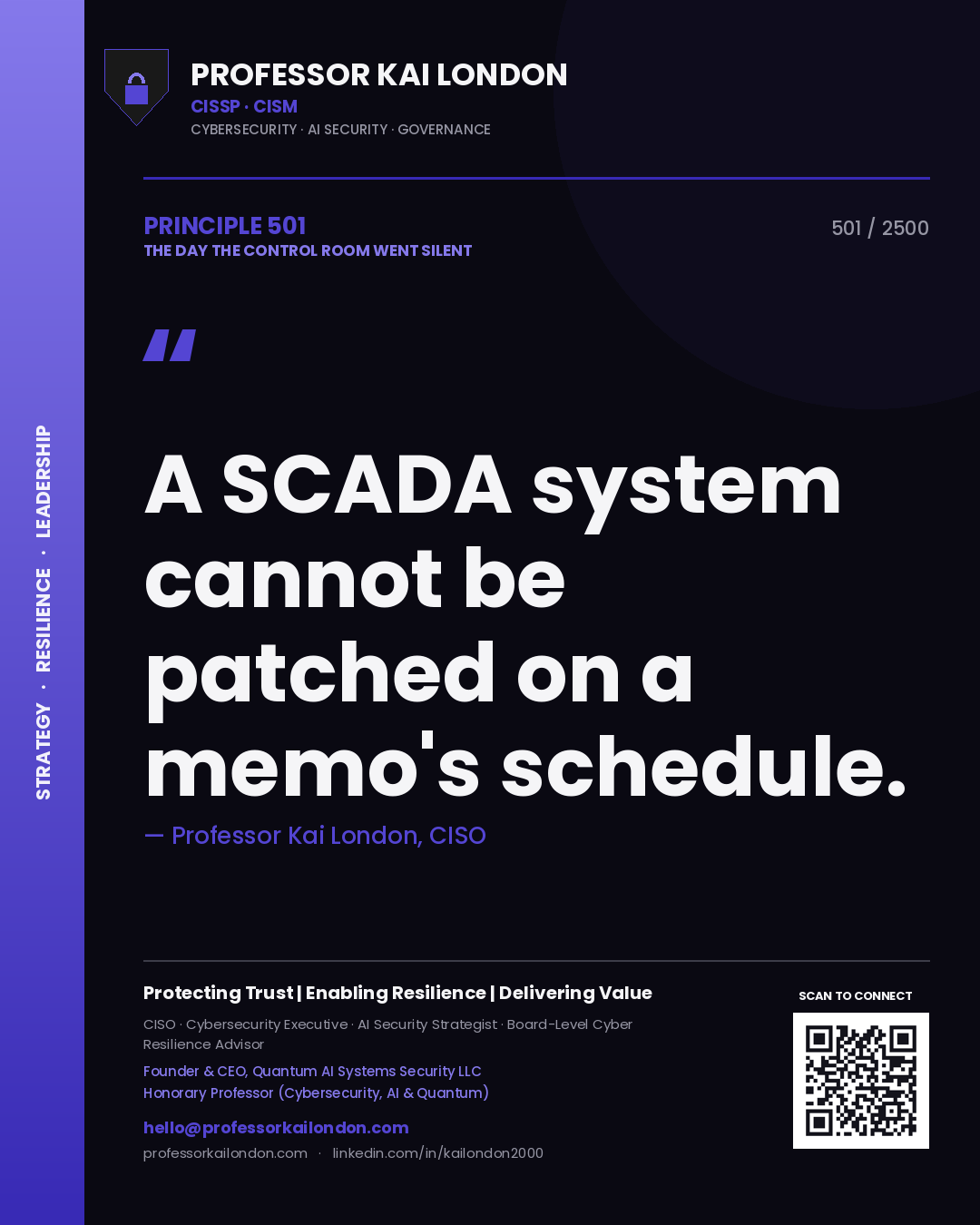 Quote card by Professor Kai London reading 'A SCADA system cannot be patched on a memo's schedule.'. From the book The Day the Control Room Went Silent.