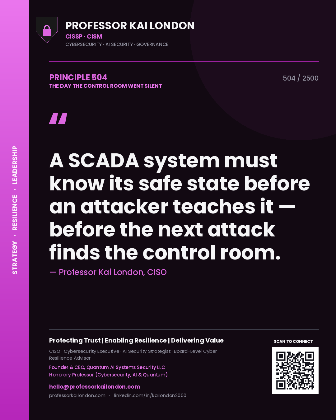 Professor Kai London principle 504: A SCADA system must know its safe state before an attacker teaches it — before the next attack finds the control room.