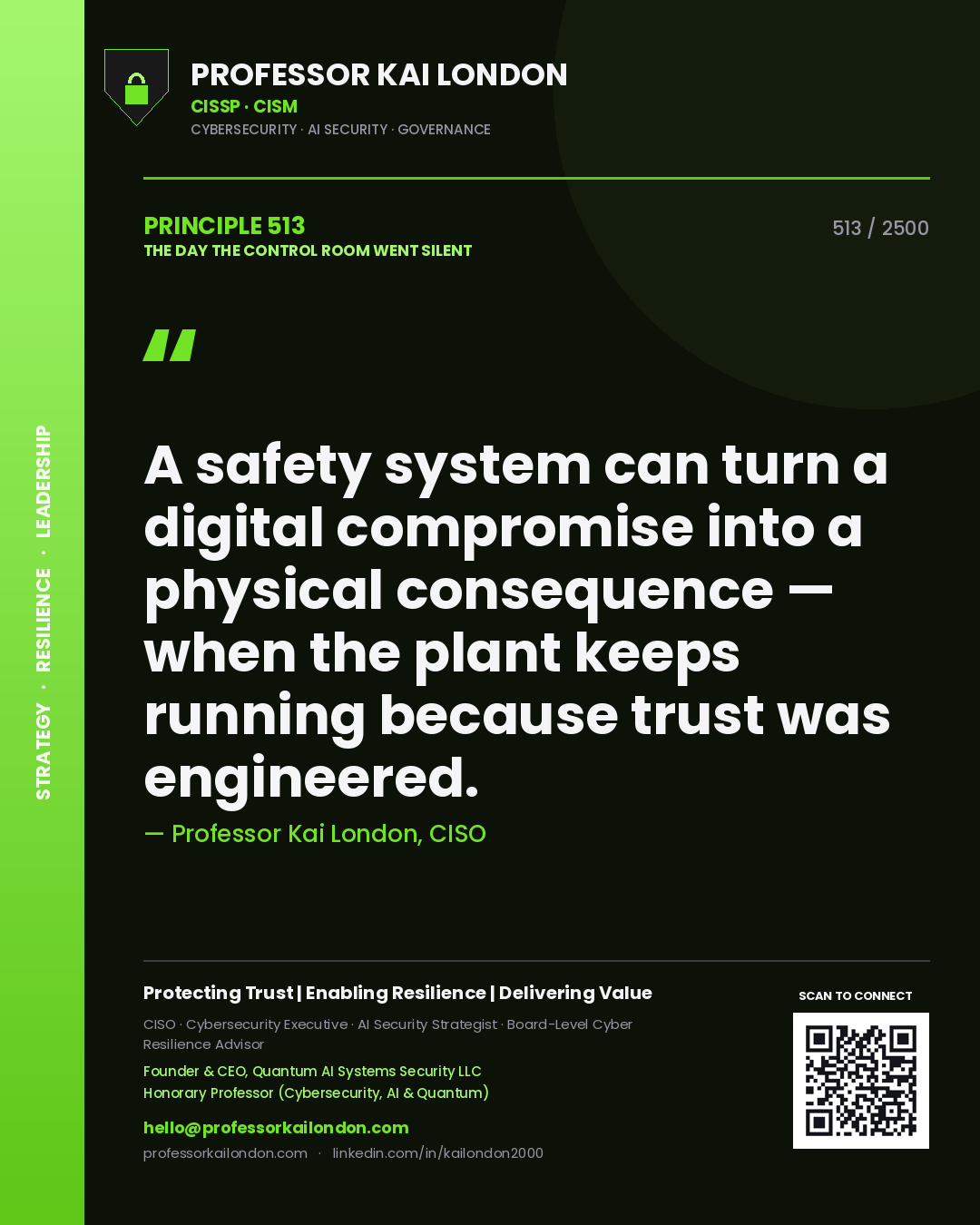 Quote card by Professor Kai London reading 'A safety system can turn a digital compromise into a physical consequence — when the plant keeps running because trust was engineered.'. From the book The Day the Control Room Went Silent.