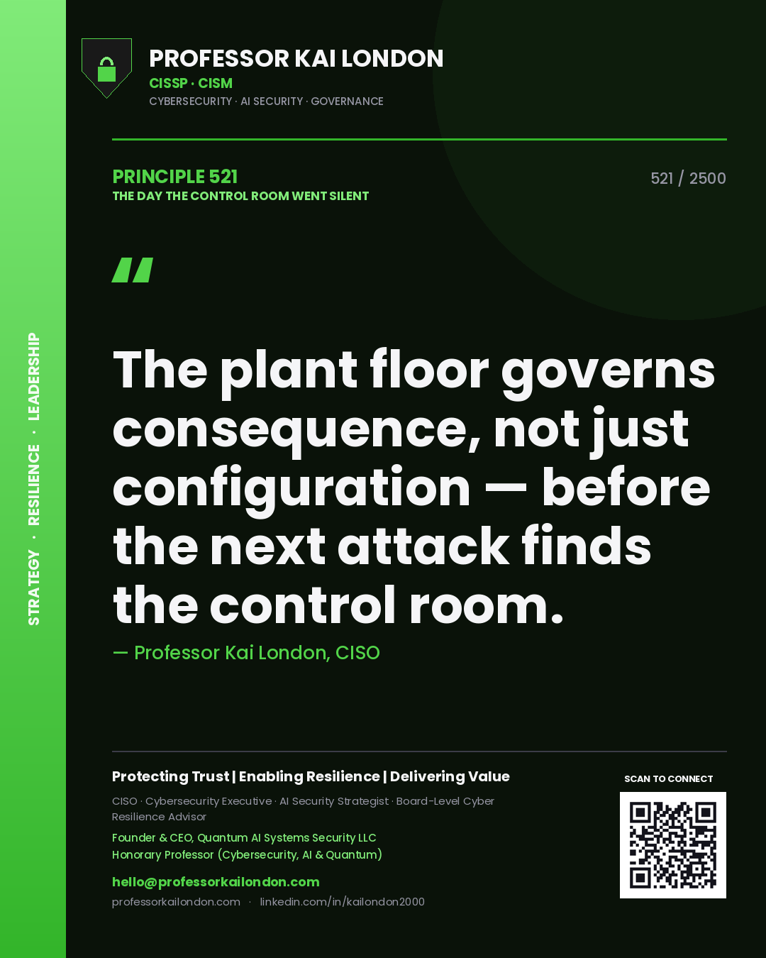 Quote card by Professor Kai London reading 'The plant floor governs consequence, not just configuration — before the next attack finds the control room.'. From the book The Day the Control Room Went Silent.
