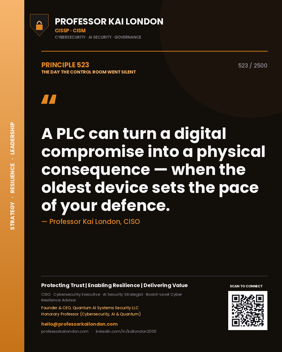 Quote card by Professor Kai London reading 'A PLC can turn a digital compromise into a physical consequence — when the oldest device sets the pace of your defence.'. From the book The Day the Control Room Went Silent.