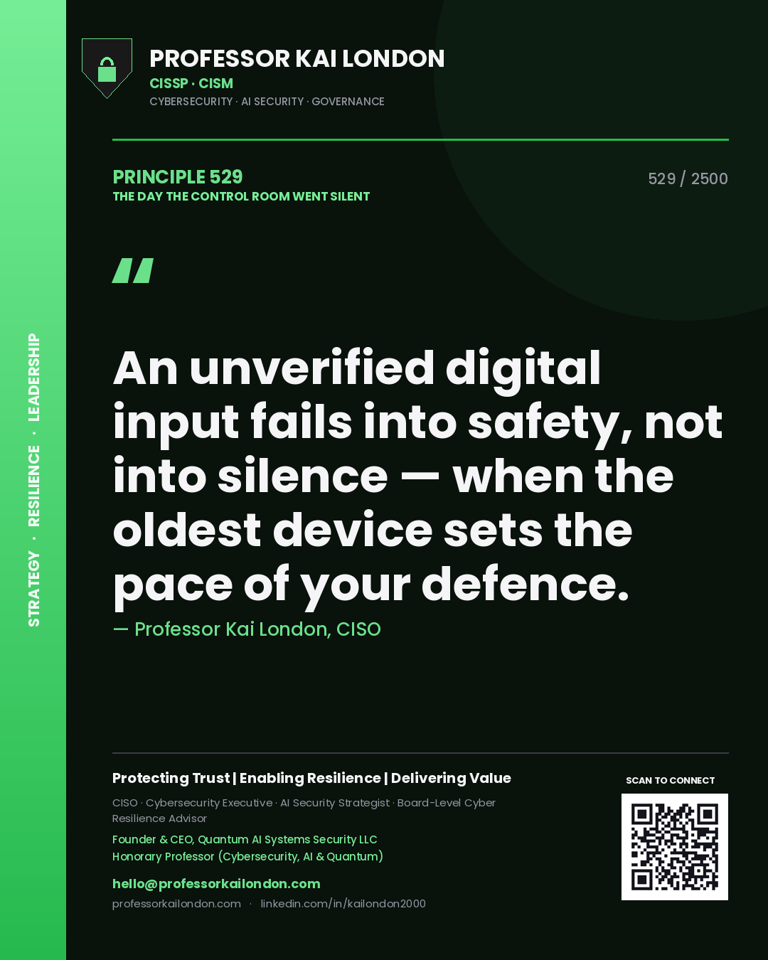 Quote card by Professor Kai London reading 'An unverified digital input fails into safety, not into silence — when the oldest device sets the pace of your defence.'. From the book The Day the Control Room Went Silent.
