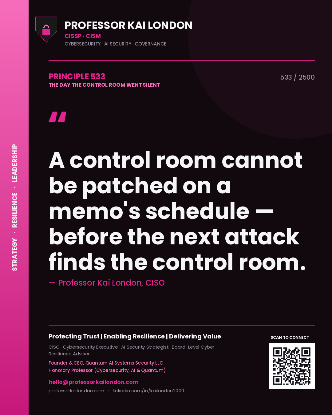 Quote card by Professor Kai London reading 'A control room cannot be patched on a memo's schedule — before the next attack finds the control room.'. From the book The Day the Control Room Went Silent.