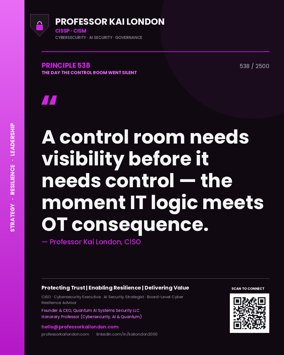 Professor Kai London principle 538: A control room needs visibility before it needs control — the moment IT logic meets OT consequence.