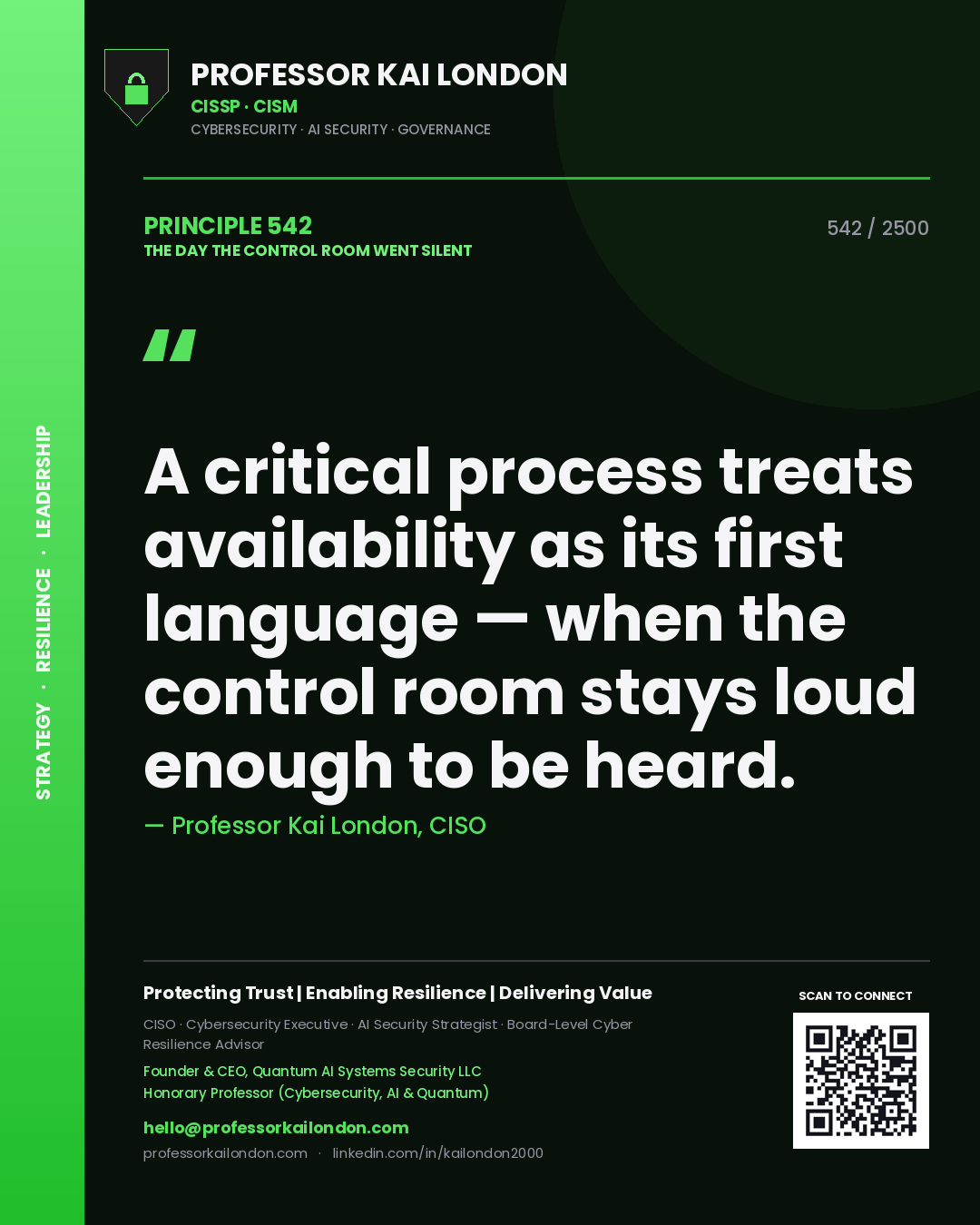 Professor Kai London principle 542: A critical process treats availability as its first language — when the control room stays loud enough to be heard.