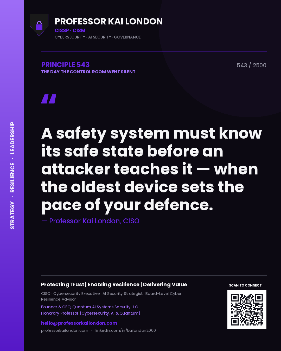 Quote card by Professor Kai London reading 'A safety system must know its safe state before an attacker teaches it — when the oldest device sets the pace of your defence.'. From the book The Day the Control Room Went Silent.