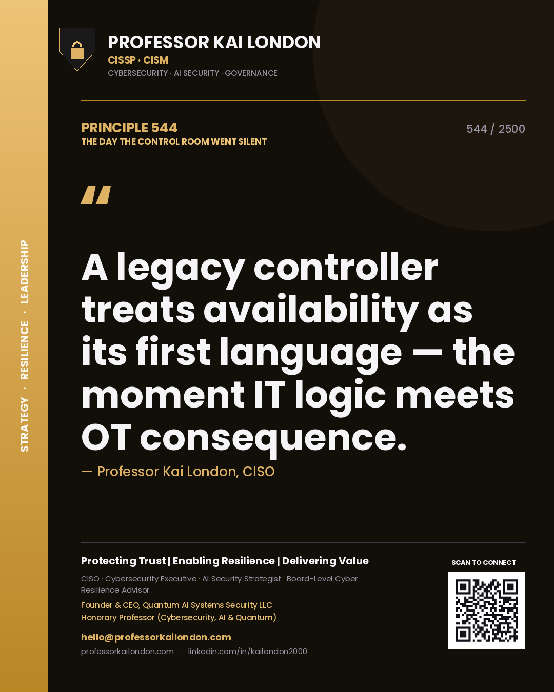 Quote card by Professor Kai London reading 'A legacy controller treats availability as its first language — the moment IT logic meets OT consequence.'. From the book The Day the Control Room Went Silent.