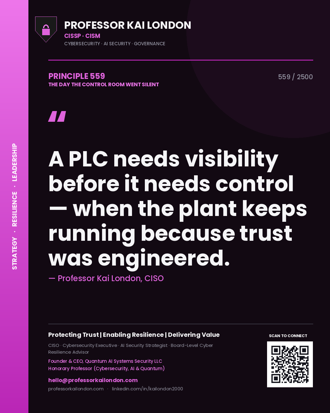 Professor Kai London principle 559: A PLC needs visibility before it needs control — when the plant keeps running because trust was engineered.