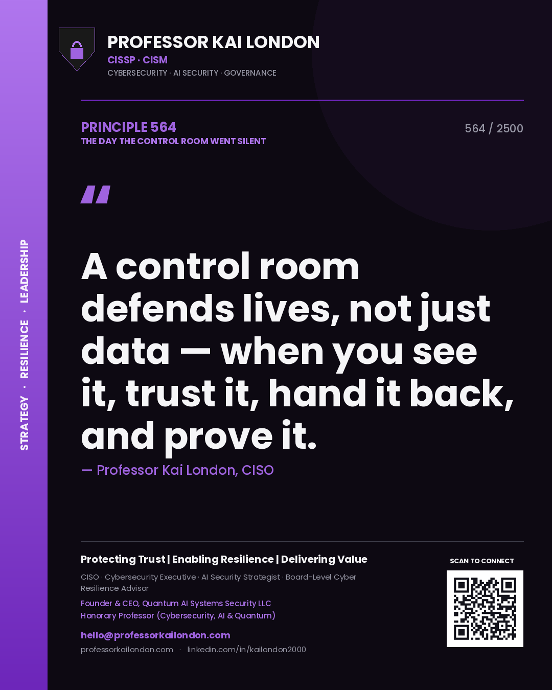 Professor Kai London principle 564: A control room defends lives, not just data — when you see it, trust it, hand it back, and prove it.