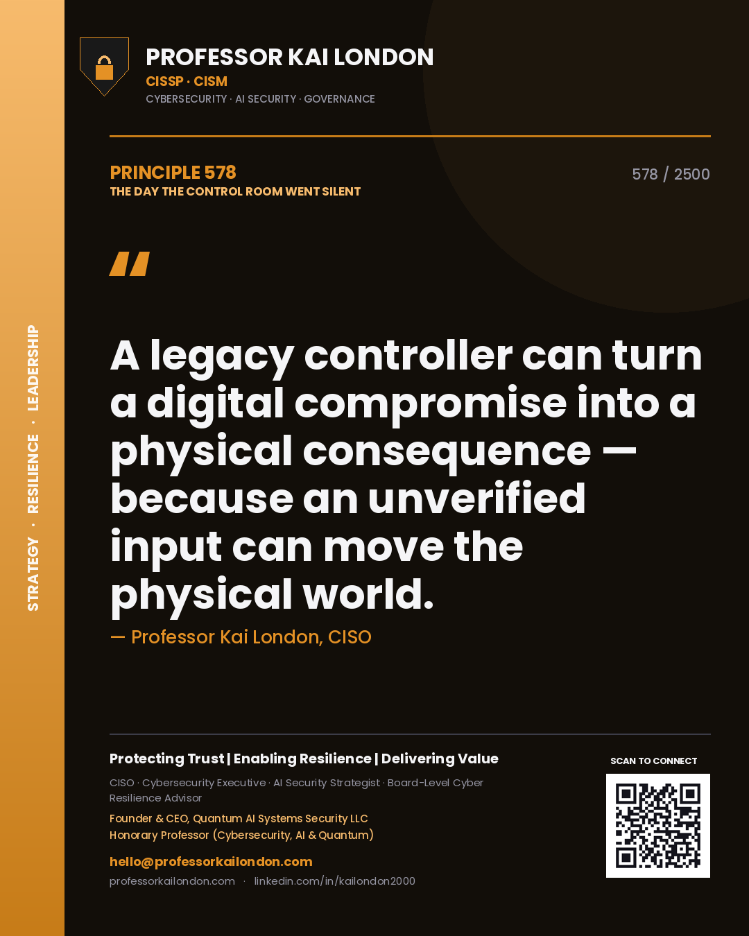 Quote card by Professor Kai London reading 'A legacy controller can turn a digital compromise into a physical consequence — because an unverified input can move the physical world.'. From the book The Day the Control Room Went Silent.