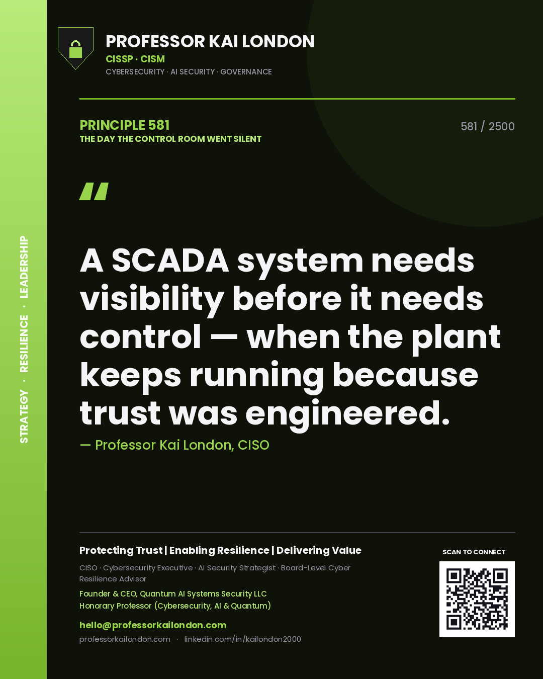 Quote card by Professor Kai London reading 'A SCADA system needs visibility before it needs control — when the plant keeps running because trust was engineered.'. From the book The Day the Control Room Went Silent.