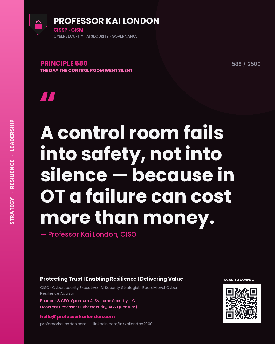 Quote card by Professor Kai London reading 'A control room fails into safety, not into silence — because in OT a failure can cost more than money.'. From the book The Day the Control Room Went Silent.