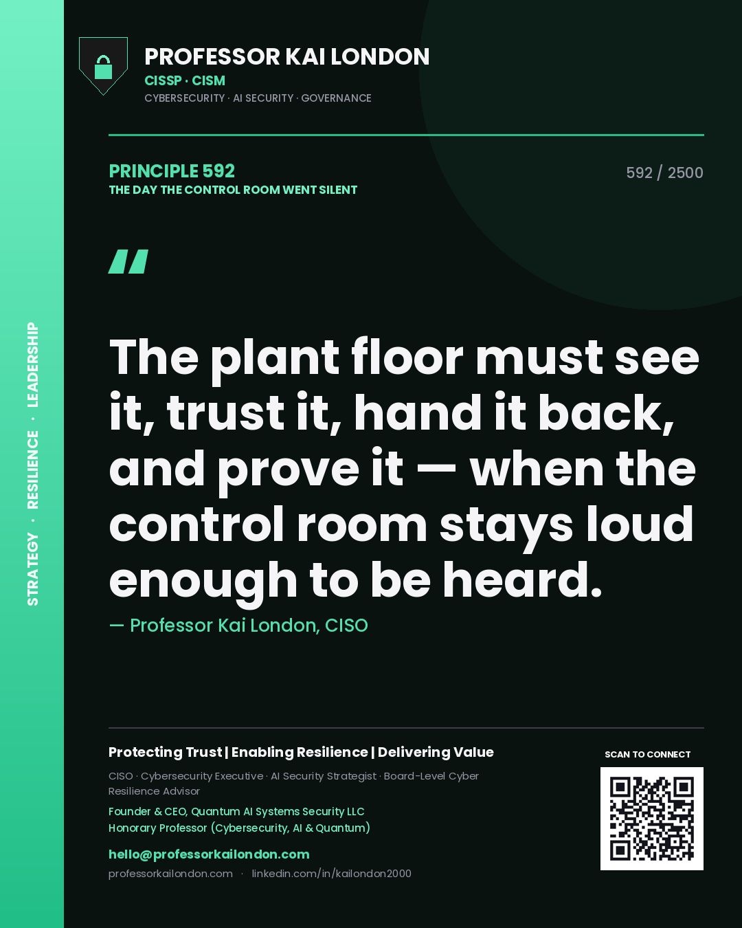 Quote card by Professor Kai London reading 'The plant floor must see it, trust it, hand it back, and prove it — when the control room stays loud enough to be heard.'. From the book The Day the Control Room Went Silent.