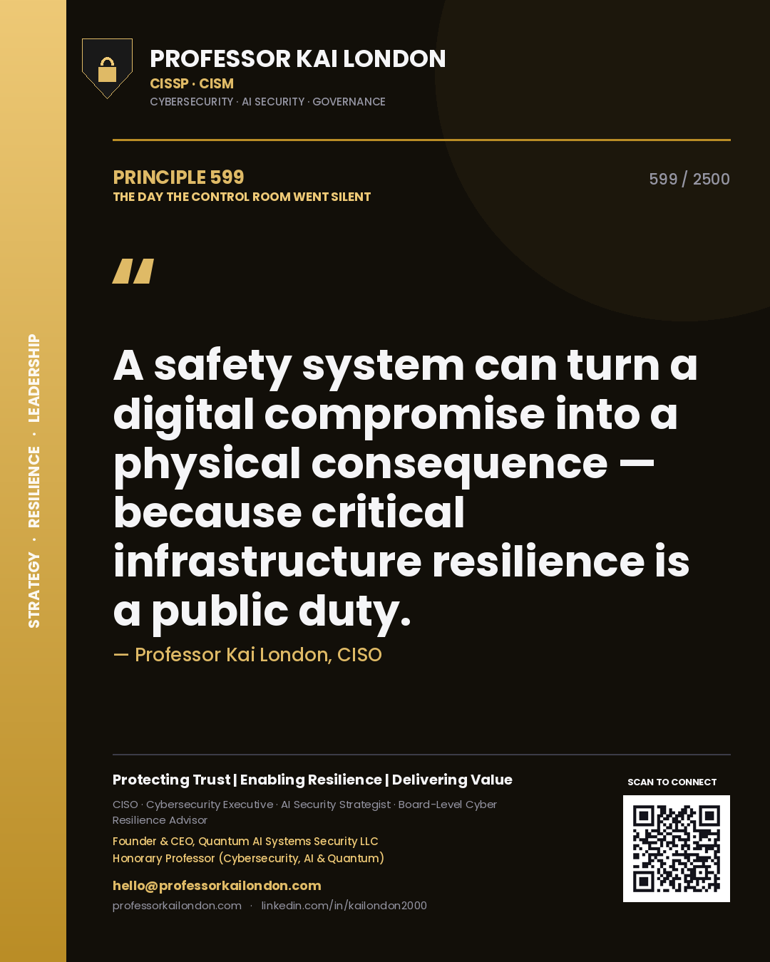 Professor Kai London principle 599: A safety system can turn a digital compromise into a physical consequence — because critical infrastructure resilience is a public duty.