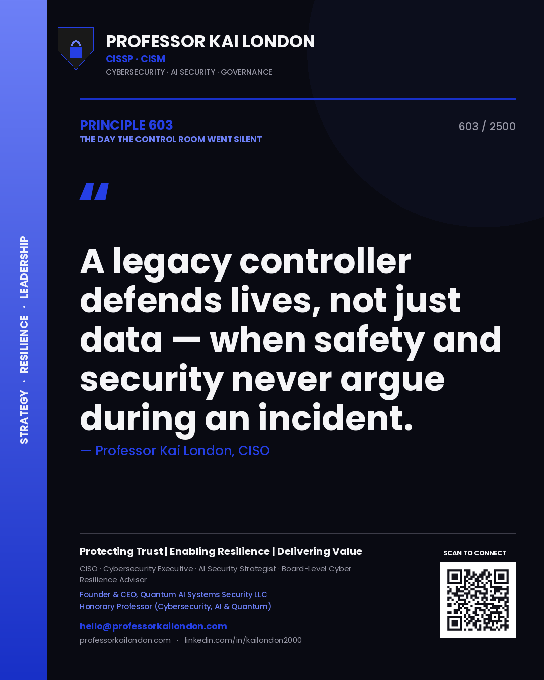 Quote card by Professor Kai London reading 'A legacy controller defends lives, not just data — when safety and security never argue during an incident.'. From the book The Day the Control Room Went Silent.