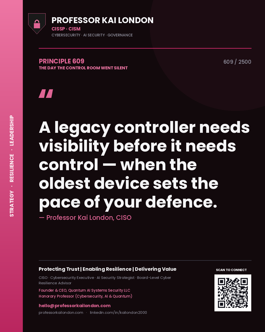 Quote card by Professor Kai London reading 'A legacy controller needs visibility before it needs control — when the oldest device sets the pace of your defence.'. From the book The Day the Control Room Went Silent.