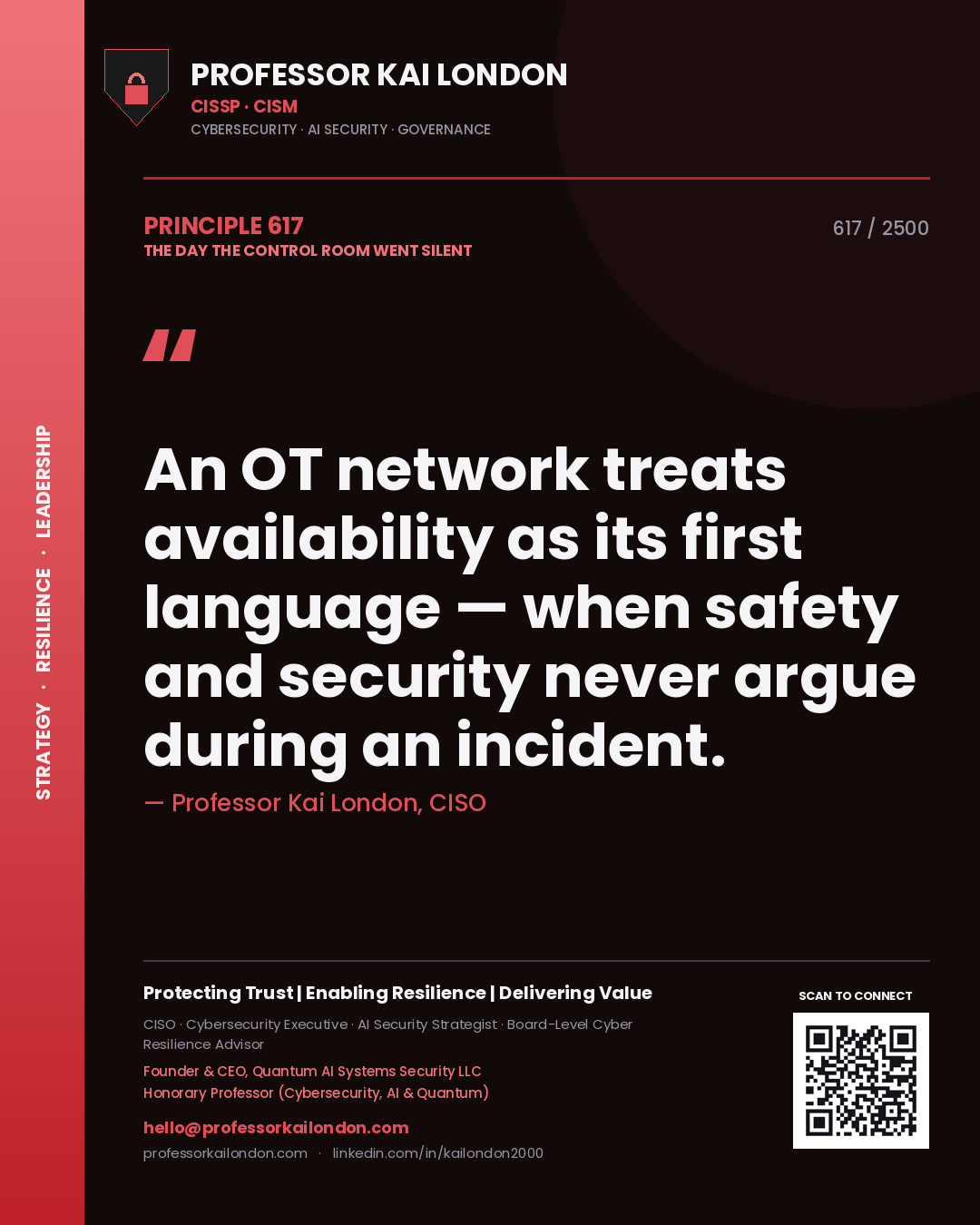 Quote card by Professor Kai London reading 'An OT network treats availability as its first language — when safety and security never argue during an incident.'. From the book The Day the Control Room Went Silent.