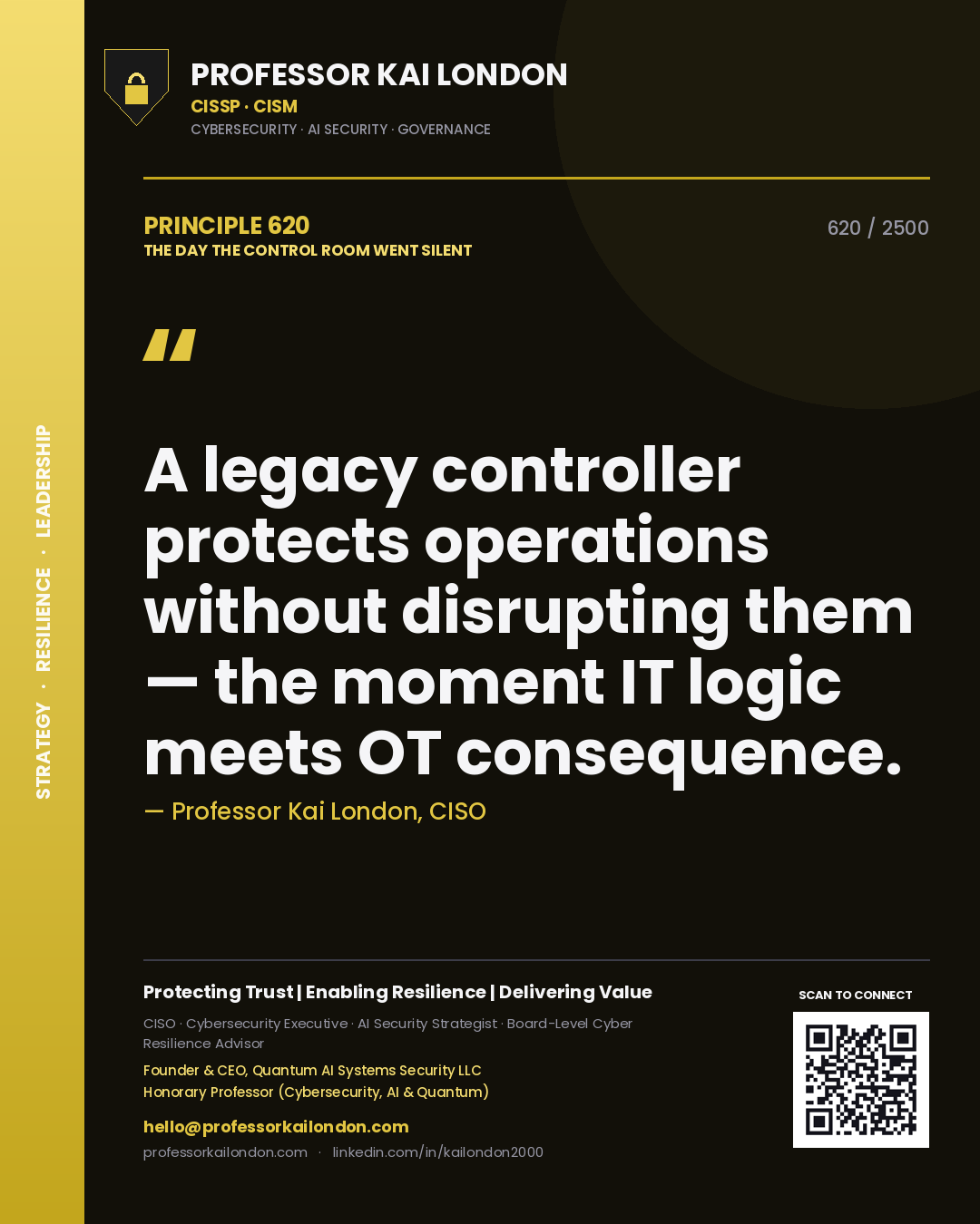 Quote card by Professor Kai London reading 'A legacy controller protects operations without disrupting them — the moment IT logic meets OT consequence.'. From the book The Day the Control Room Went Silent.
