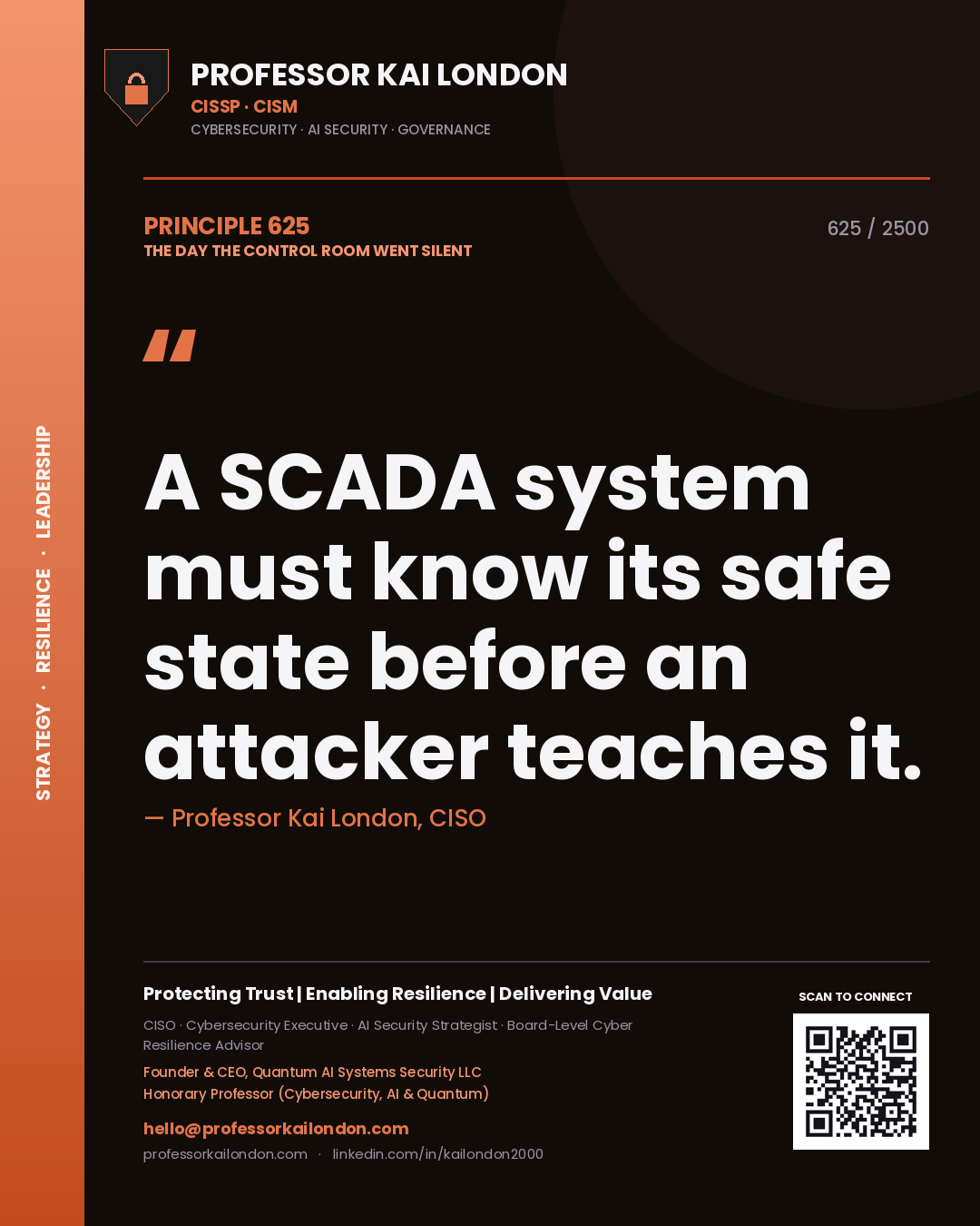 Quote card by Professor Kai London reading 'A SCADA system must know its safe state before an attacker teaches it.'. From the book The Day the Control Room Went Silent.