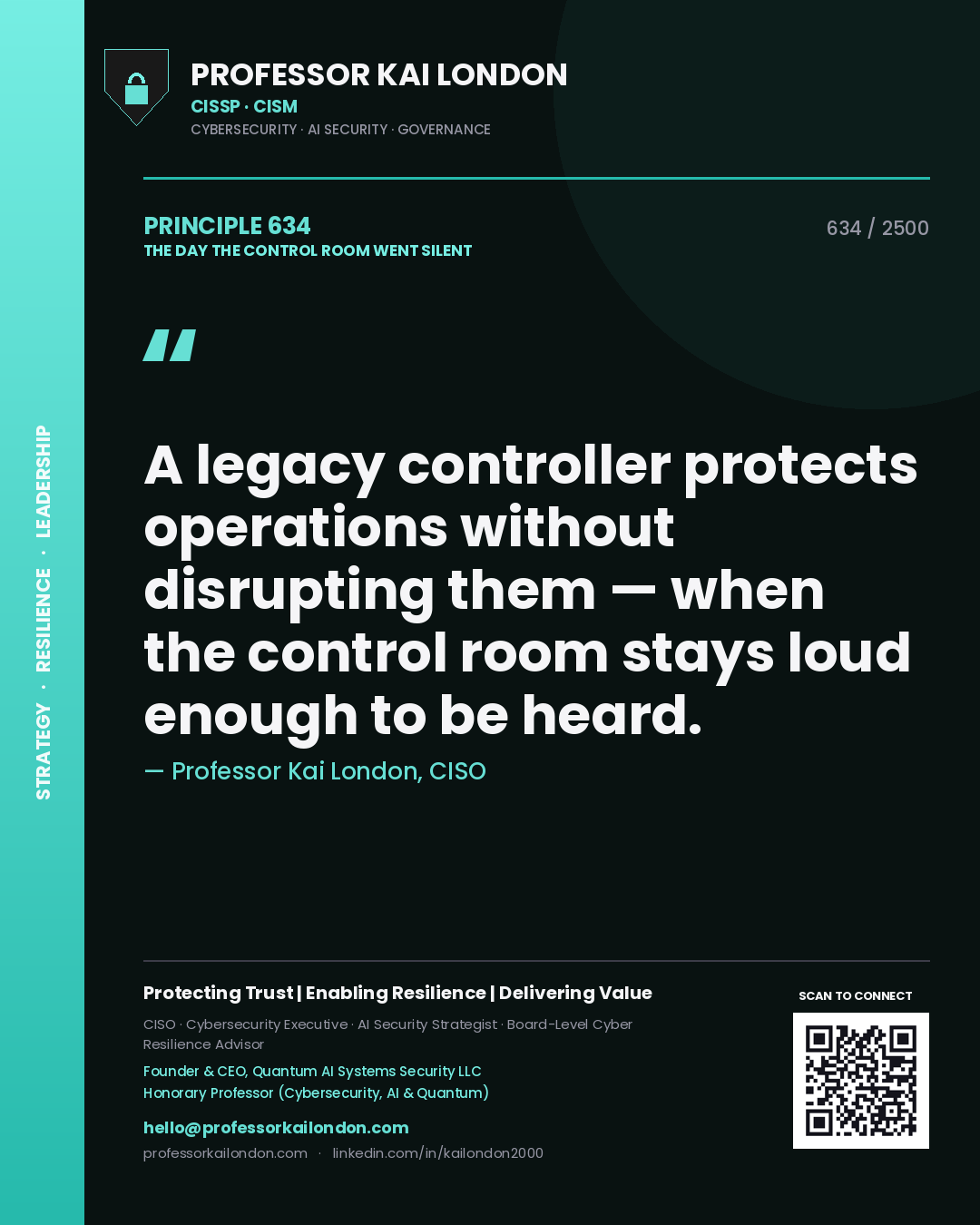 Quote card by Professor Kai London reading 'A legacy controller protects operations without disrupting them — when the control room stays loud enough to be heard.'. From the book The Day the Control Room Went Silent.
