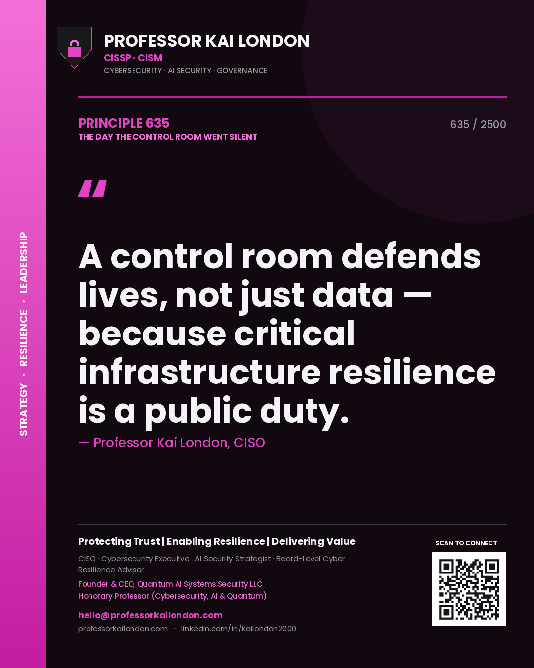 Quote card by Professor Kai London reading 'A control room defends lives, not just data — because critical infrastructure resilience is a public duty.'. From the book The Day the Control Room Went Silent.