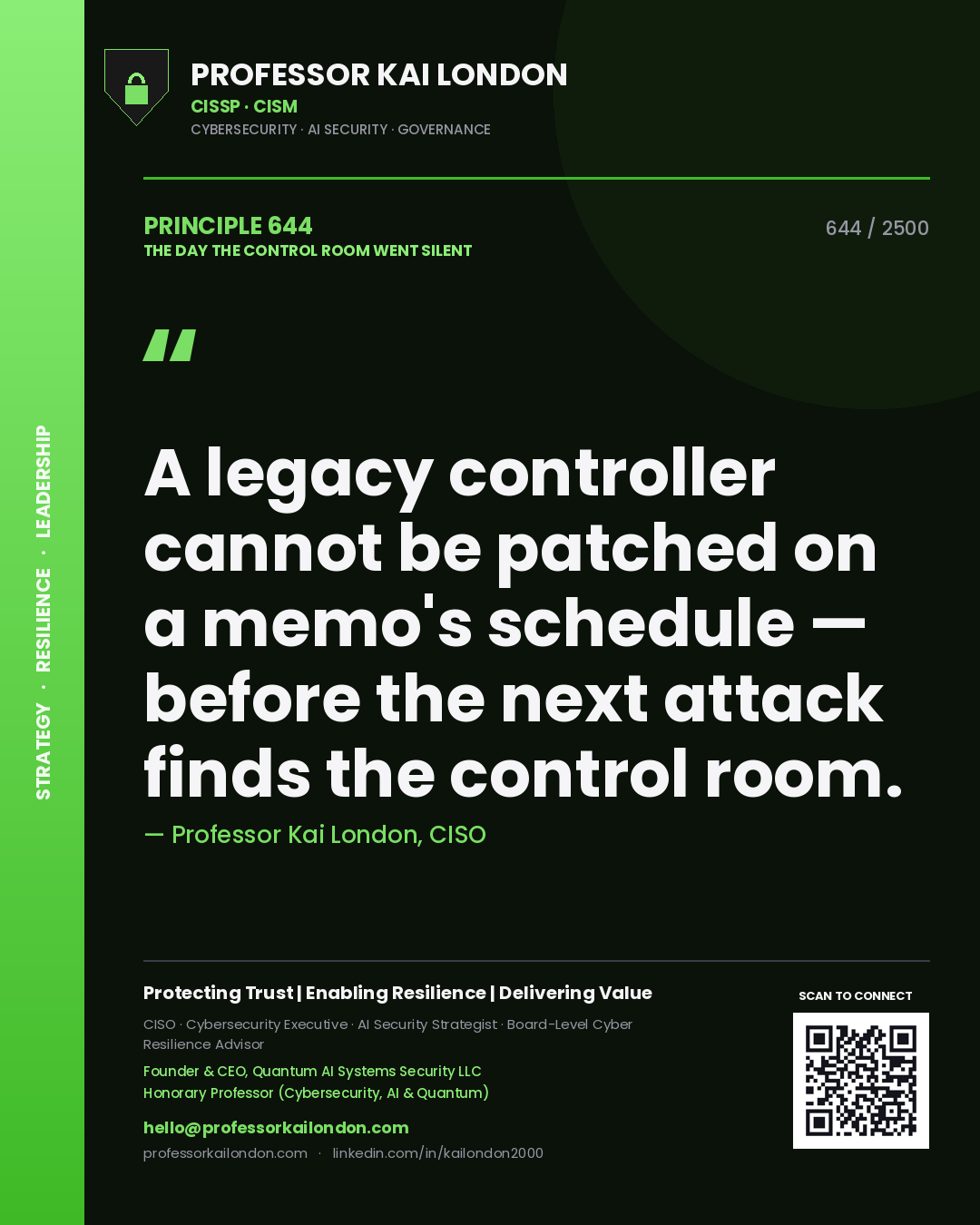 Quote card by Professor Kai London reading 'A legacy controller cannot be patched on a memo's schedule — before the next attack finds the control room.'. From the book The Day the Control Room Went Silent.