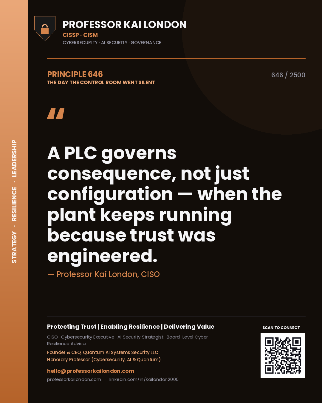 Quote card by Professor Kai London reading 'A PLC governs consequence, not just configuration — when the plant keeps running because trust was engineered.'. From the book The Day the Control Room Went Silent.