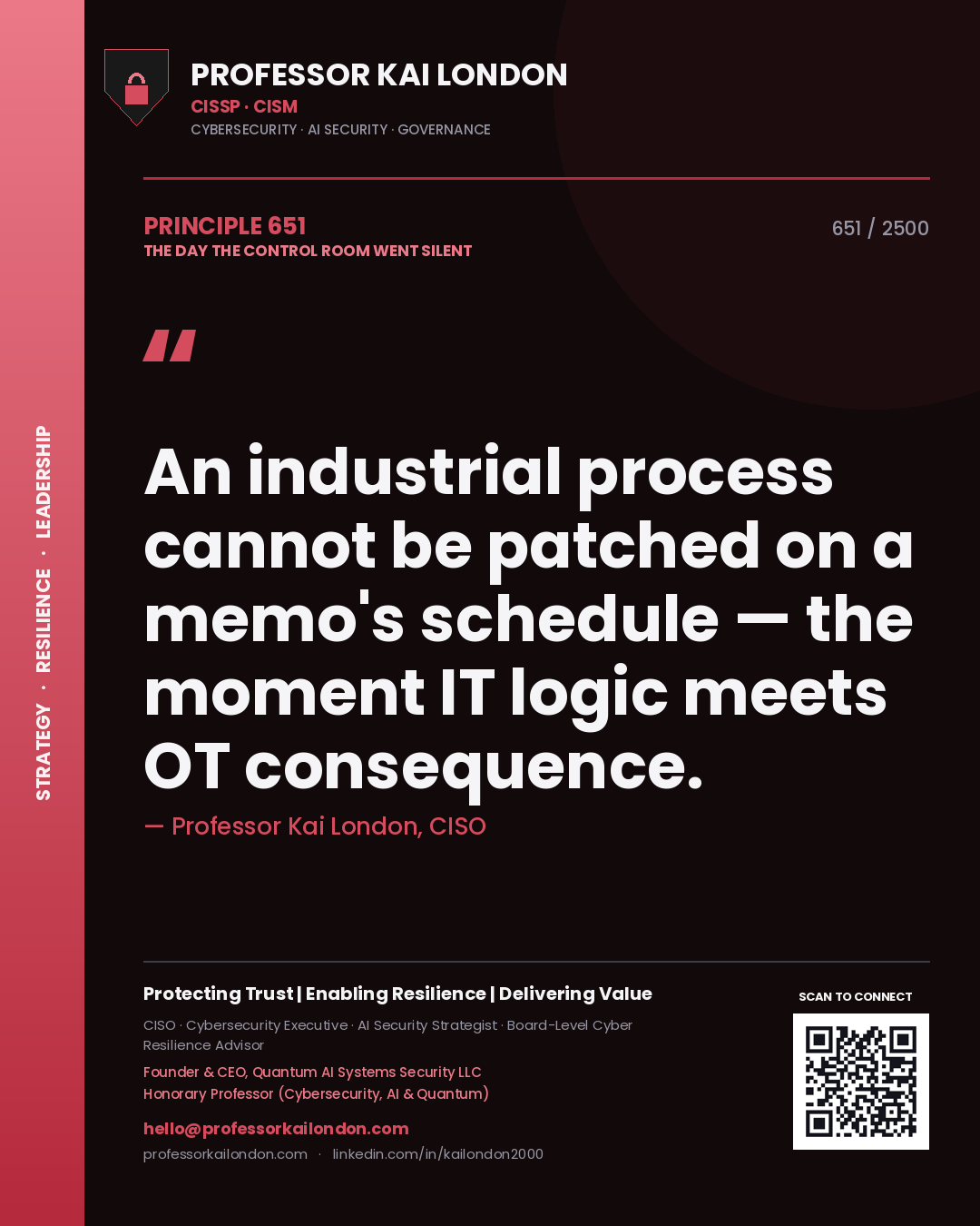 Quote card by Professor Kai London reading 'An industrial process cannot be patched on a memo's schedule — the moment IT logic meets OT consequence.'. From the book The Day the Control Room Went Silent.