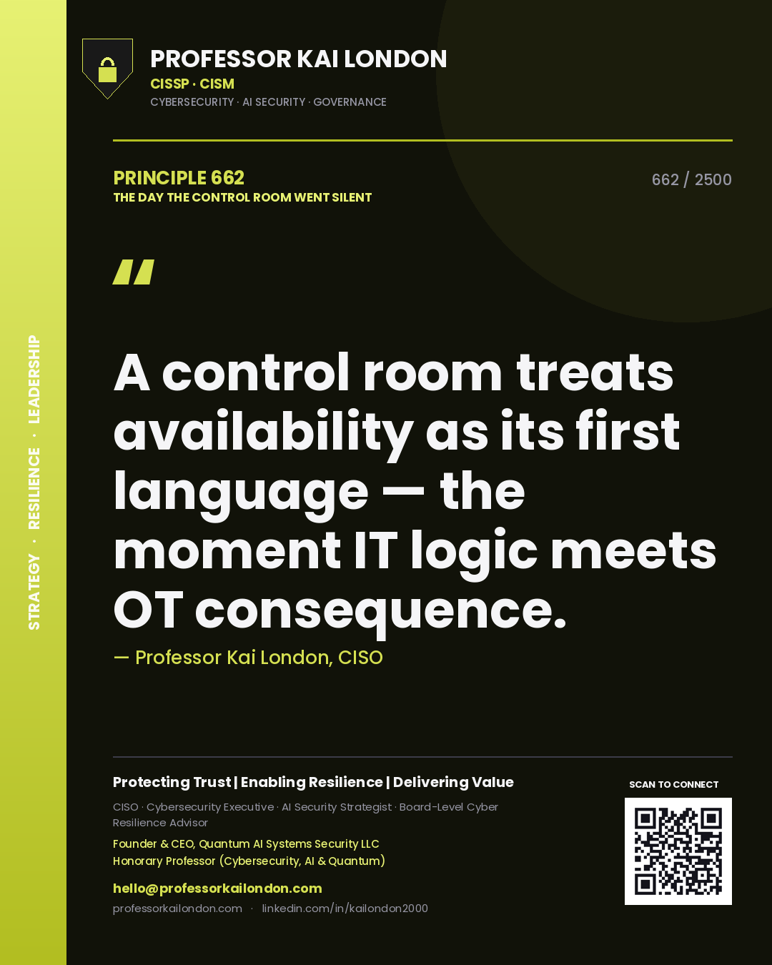 Quote card by Professor Kai London reading 'A control room treats availability as its first language — the moment IT logic meets OT consequence.'. From the book The Day the Control Room Went Silent.