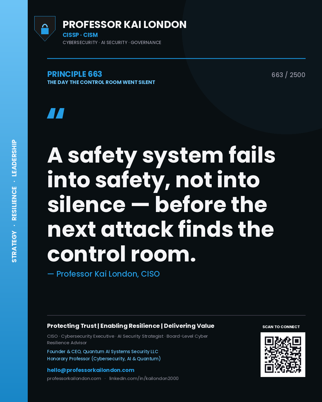 Quote card by Professor Kai London reading 'A safety system fails into safety, not into silence — before the next attack finds the control room.'. From the book The Day the Control Room Went Silent.