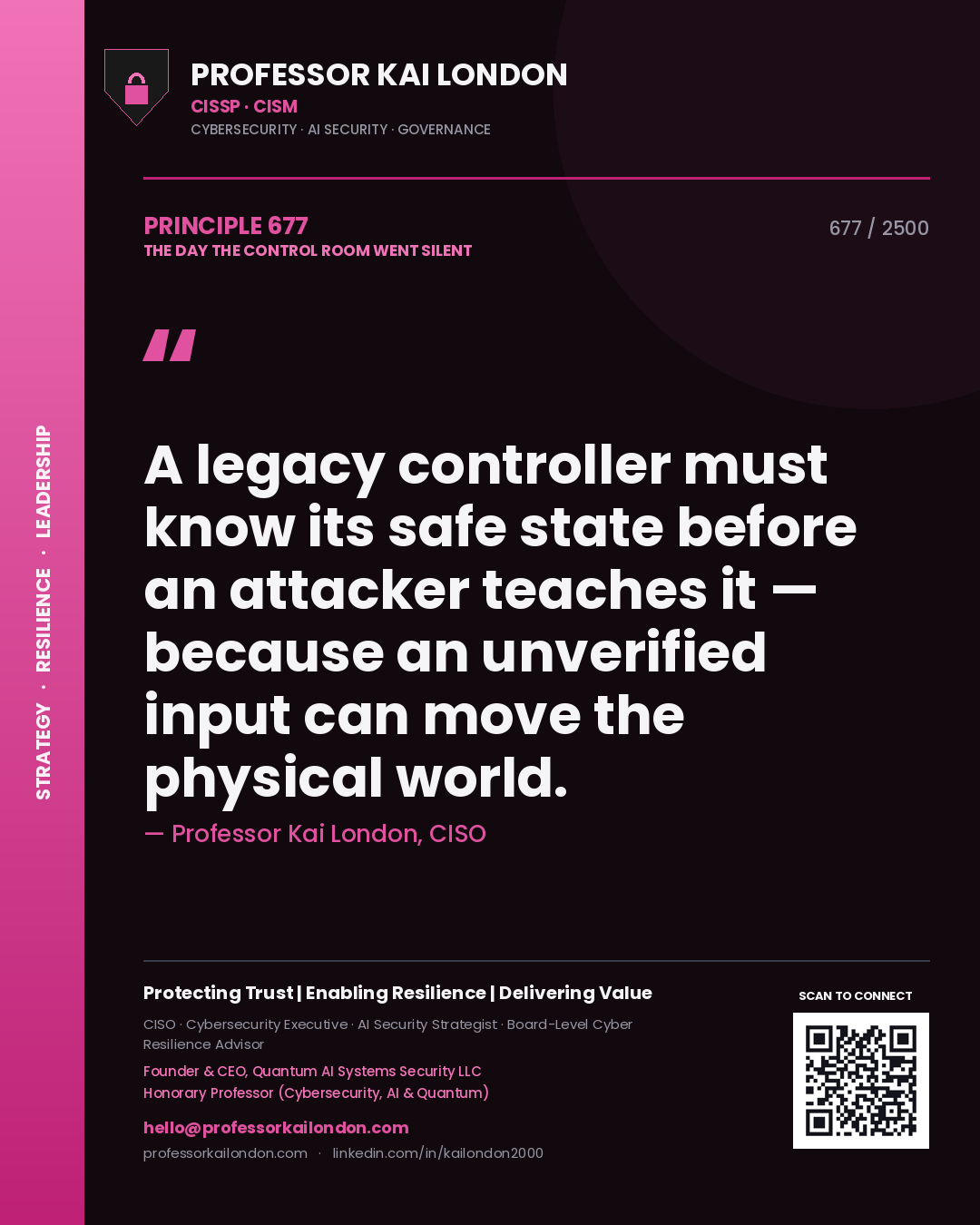 Quote card by Professor Kai London reading 'A legacy controller must know its safe state before an attacker teaches it — because an unverified input can move the physical world.'. From the book The Day the Control Room Went Silent.