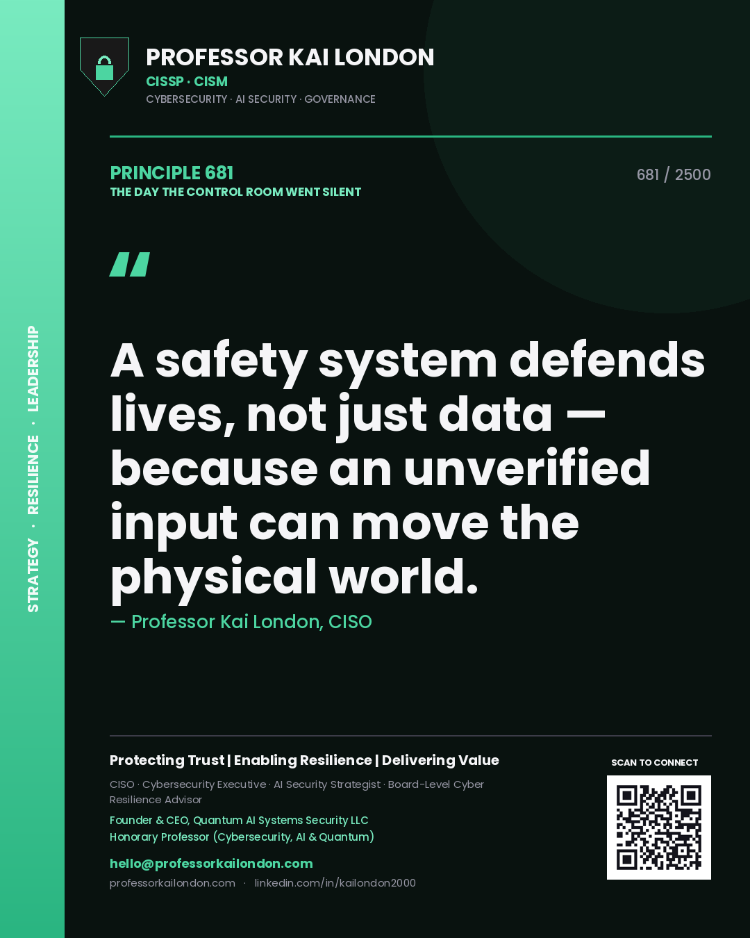 Quote card by Professor Kai London reading 'A safety system defends lives, not just data — because an unverified input can move the physical world.'. From the book The Day the Control Room Went Silent.